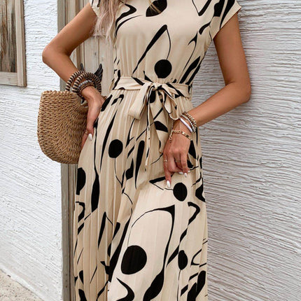 Tied Pleated Printed Cap Sleeve Dress - MimiStylez
