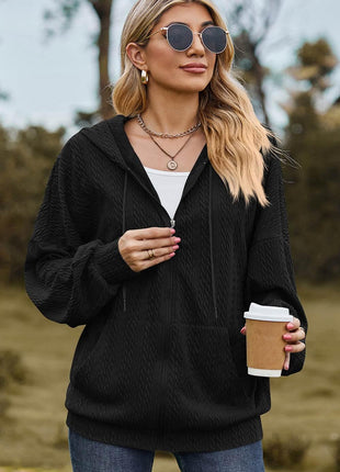 Drawstring Zip Up Dropped Shoulder Hoodie - MimiStylez