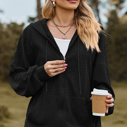 Drawstring Zip Up Dropped Shoulder Hoodie - MimiStylez