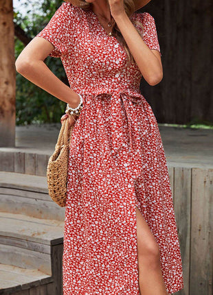 Ditsy Floral Button Front Tied Puff Sleeve Dress - MimiStylez