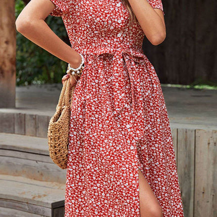 Ditsy Floral Button Front Tied Puff Sleeve Dress - MimiStylez