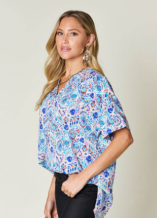 Double Take Full Size Printed V-Neck Short Sleeve Blouse - MimiStylez