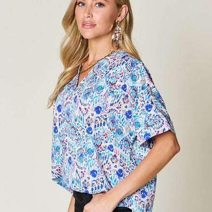 Double Take Full Size Printed V-Neck Short Sleeve Blouse - MimiStylez