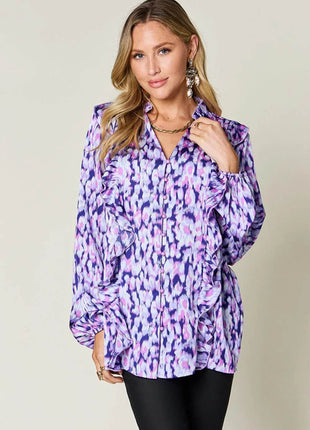 Double Take Full Size Printed Ruffle Trim Balloon Sleeve Shirt - MimiStylez