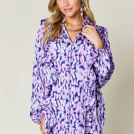 Double Take Full Size Printed Ruffle Trim Balloon Sleeve Shirt - MimiStylez