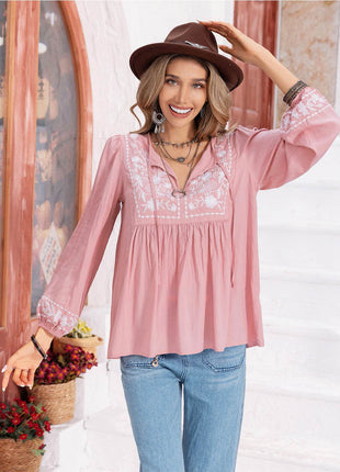 Floral Tie Neck Balloon Sleeve Blouse - MimiStylez