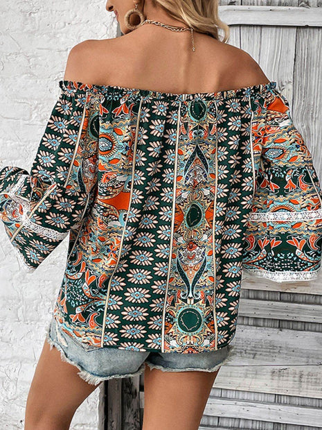 Printed Frill Trim Off-Shoulder Blouse - MimiStylez