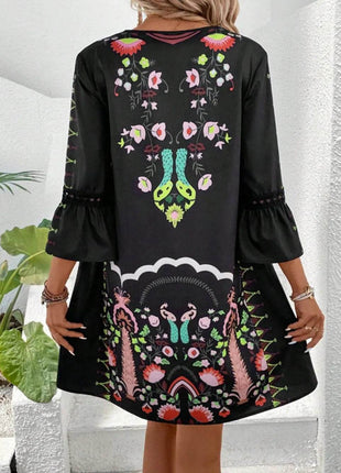 Lace Detail Printed Three-Quarter Sleeve Dress - MimiStylez