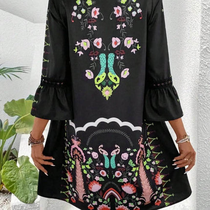 Lace Detail Printed Three-Quarter Sleeve Dress - MimiStylez