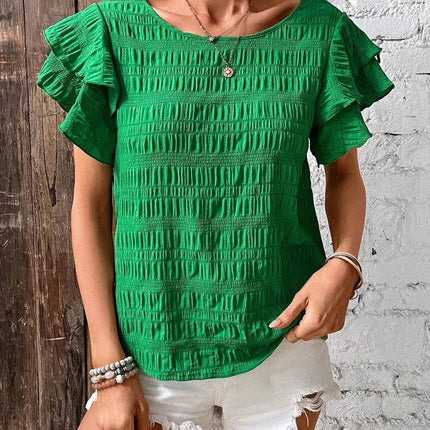 Round Neck Flounce Sleeve Blouse - MimiStylez
