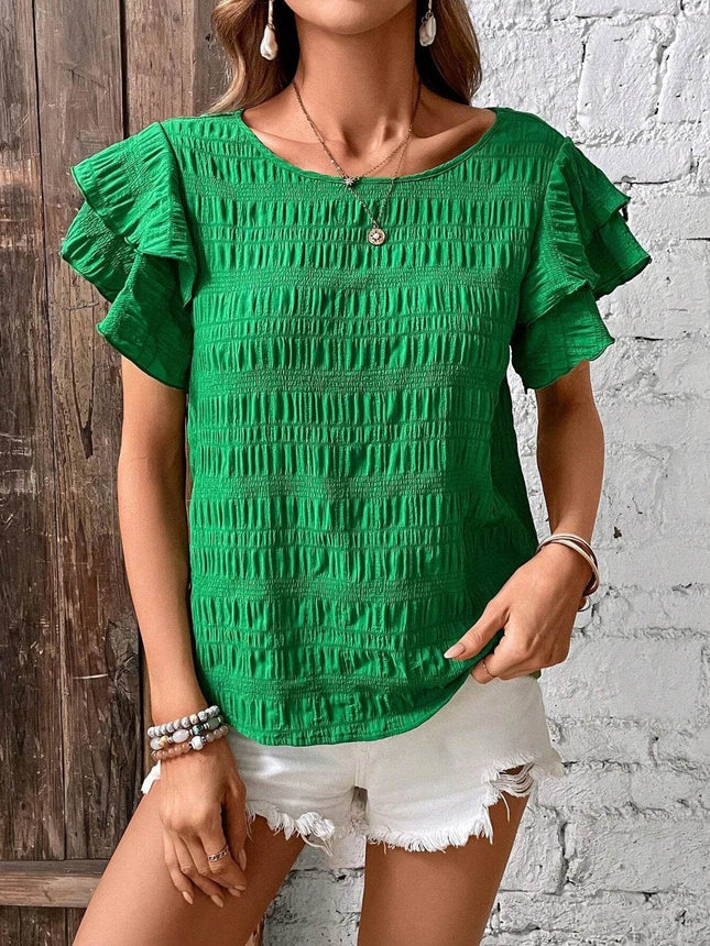 Round Neck Flounce Sleeve Blouse - MimiStylez