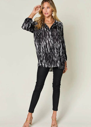 Double Take Full Size Printed Button Up Long Sleeve Shirt - MimiStylez