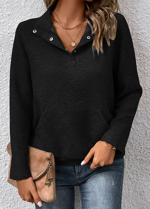 Half Buttoned Collared Neck Sweatshirt with Pocket - MimiStylez