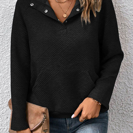 Half Buttoned Collared Neck Sweatshirt with Pocket - MimiStylez