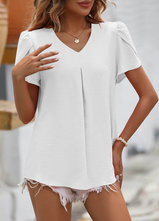 Ruche V-Neck Petal Sleeve Top - MimiStylez
