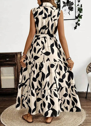 Printed Tie Waist Sleeveless Maxi Dress - MimiStylez