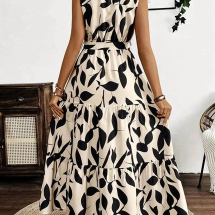 Printed Tie Waist Sleeveless Maxi Dress - MimiStylez
