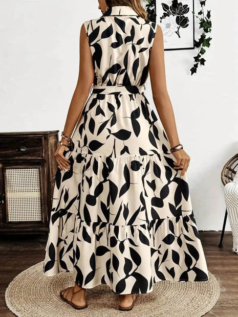 Printed Tie Waist Sleeveless Maxi Dress - MimiStylez