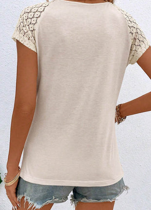 Cutout Round Neck Lace Short Sleeve T-Shirt - MimiStylez
