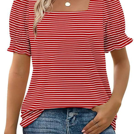 Simple U-neck Petal Sleeve Loose T-shirt - MimiStylez