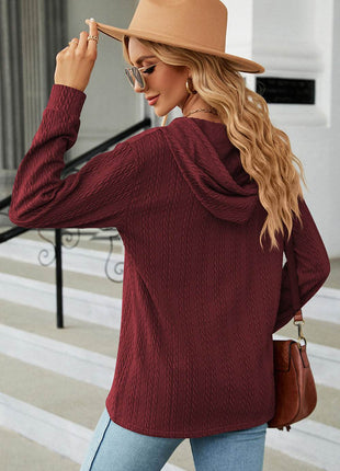 Drawstring Half Button Long Sleeve Hoodie - MimiStylez