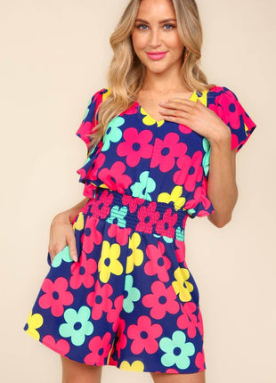 Haptics Floral Smocked Waist Romper with Side Pockets - MimiStylez