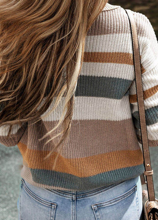 Striped Round Neck Dropped Shoulder Sweater - MimiStylez