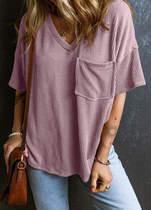 Textured V-Neck Dropped Shoulder T-Shirt - MimiStylez