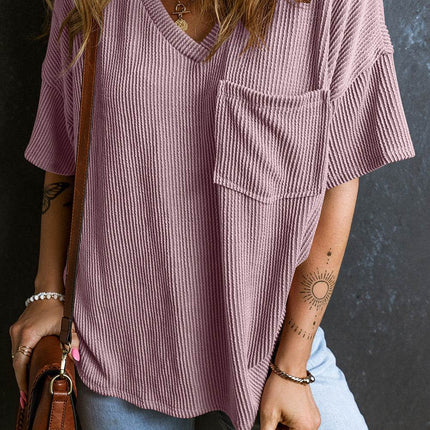 Textured V-Neck Dropped Shoulder T-Shirt - MimiStylez