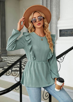 Round Neck Ruffled Peplum Blouse - MimiStylez
