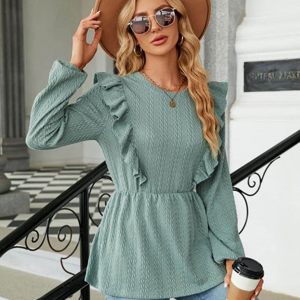 Round Neck Ruffled Peplum Blouse - MimiStylez