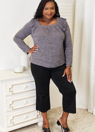 Double Take Square Neck Ruffle Shoulder Long Sleeve T-Shirt - MimiStylez