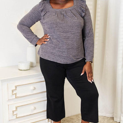 Double Take Square Neck Ruffle Shoulder Long Sleeve T-Shirt - MimiStylez