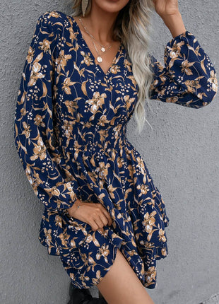 Floral Layered Surplice Balloon Sleeve Dress - MimiStylez