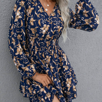Floral Layered Surplice Balloon Sleeve Dress - MimiStylez