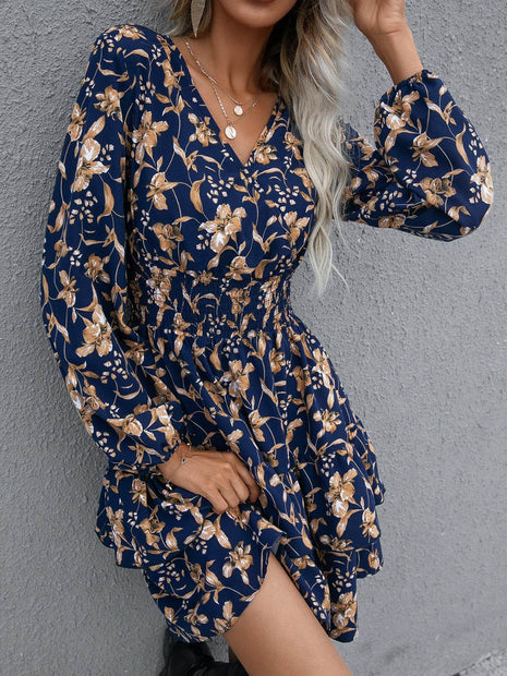Floral Layered Surplice Balloon Sleeve Dress - MimiStylez