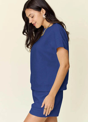 Double Take Full Size Texture Short Sleeve T-Shirt and Drawstring Shorts Set - MimiStylez
