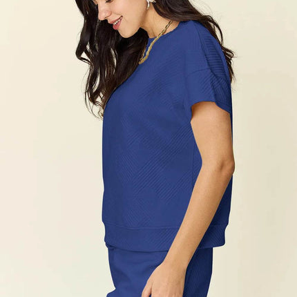 Double Take Full Size Texture Short Sleeve T-Shirt and Drawstring Shorts Set - MimiStylez