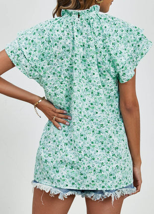 Ditsy Floral Mock Neck Flounce Sleeve Blouse - MimiStylez
