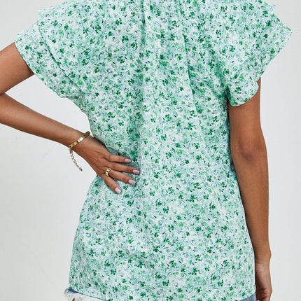 Ditsy Floral Mock Neck Flounce Sleeve Blouse - MimiStylez