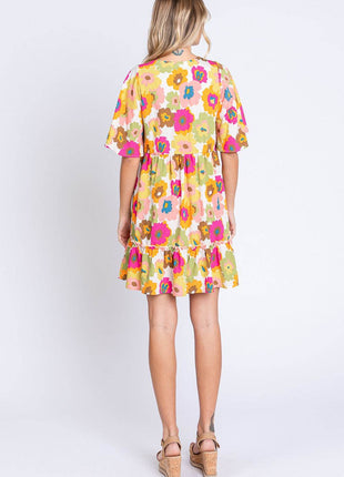 GeeGee Full Size Floral V-Neck Ruffle Trim Mini Dress - MimiStylez