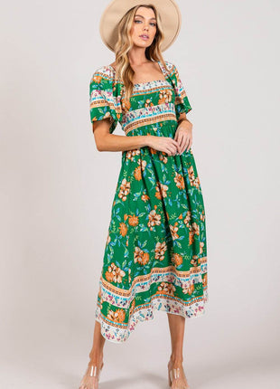 SAGE + FIG Printed Smocked Short Sleeve Midi Dress - MimiStylez