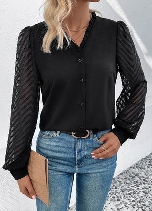 Mesh V-Neck Button Front Blouse - MimiStylez