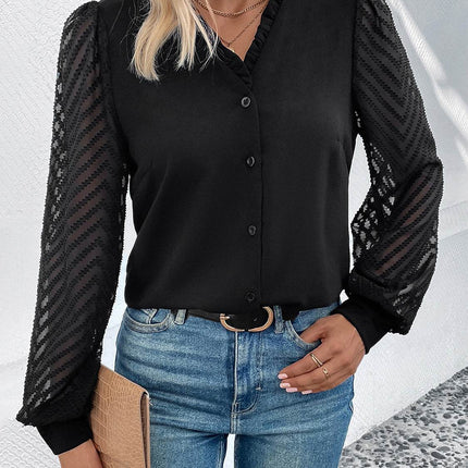 Mesh V-Neck Button Front Blouse - MimiStylez