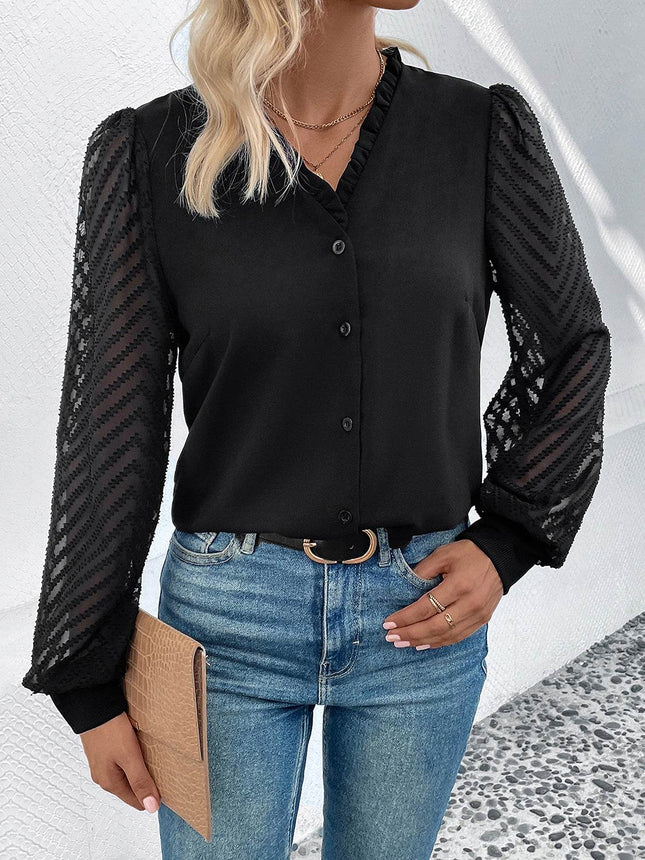Mesh V-Neck Button Front Blouse - MimiStylez