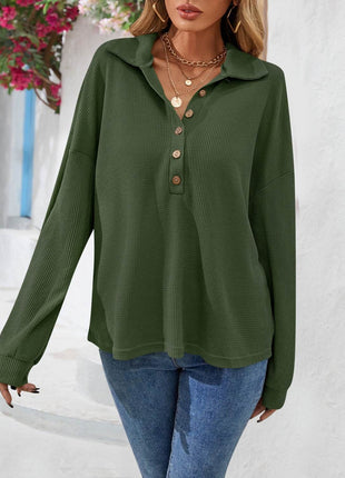 Half Button Collared Neck Long Sleeve Top - MimiStylez