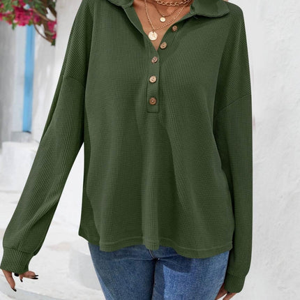 Half Button Collared Neck Long Sleeve Top - MimiStylez