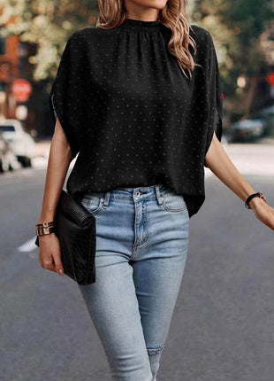 Swiss Dot Mock Neck Half Sleeve Blouse - MimiStylez