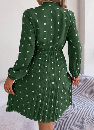Polka Dot Tie Neck Pleated Dress - MimiStylez