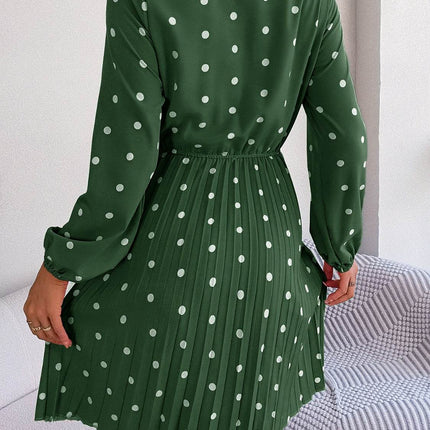 Polka Dot Tie Neck Pleated Dress - MimiStylez